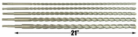 5 Piece 24 Inch SDS Masonry Drill Bit Set For Concrete Brick Mortar And Stone With Three Eighths One Half Five Eighths Seven Eighths And One Inch Tungsten Carbide Tip Bits Erie Tools Built For Pros And Weekend Warriors Alike in a row, demonstrating length and material details.