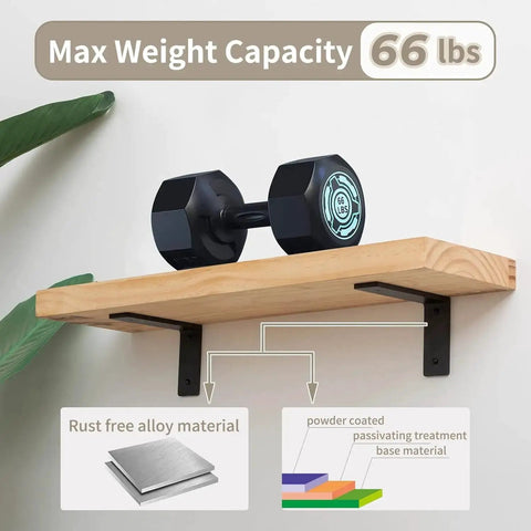 Heavy Duty 6 By 4 Inch L Shaped Shelf Bracket Set installed under wooden shelf with dumbbell, 66 lbs load rating