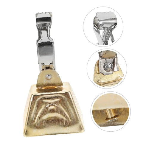 Close-up of stainless steel fishing rod bite alarm bell with clip, showing attachment details, part of 15-piece set for freshwater and saltwater use.