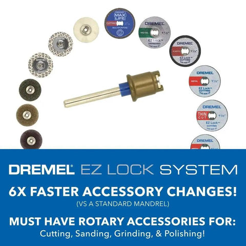 EZ Lock Cutting Accessory Kit For Rotary Tools 11 Piece Set For Metal And Plastic Cutting With Quick Change EZ Lock System Includes A Variety Of Cut Off Wheels Compatible With Dremel EZ728 01 displayed in a circle arrangement with a mandrel at the center, showcasing different cutter types for precision work.