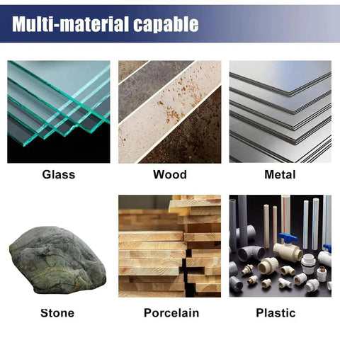 Multi-material capability showing glass, wood, metal, stone, porcelain, and plastic, illustrating diverse material use in applications.
