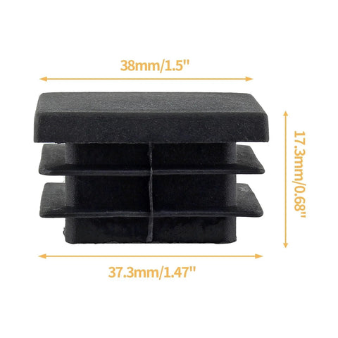 Close-up of a black 30 Pack One And One Half Inch Square Plastic End Cap for square tubing with measurements.