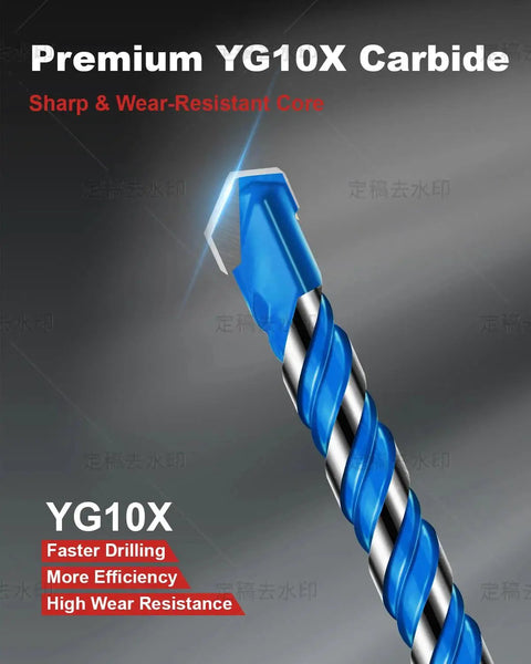 Close-up of Pro Grade Masonry Drill Bit Set Ten Pieces Shockproof Six Inch Carbide Hex Shank showcasing YG10X Carbide tip.