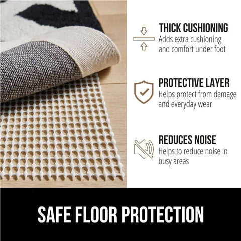 Extra Strong Rug Pad Gripper 2x4 Ft For Hardwood Floors And Carpets showing features like thick cushioning, protective layer, reduces noise