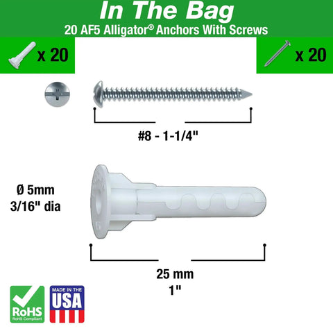 Alligator AF5 Flanged Anchor With Screws For Hollow And Solid, Polypropylene Expansion Anchor For Concrete Brick Stone And Drywall, Flanged Head, 20 Pack Size Four To Nine.