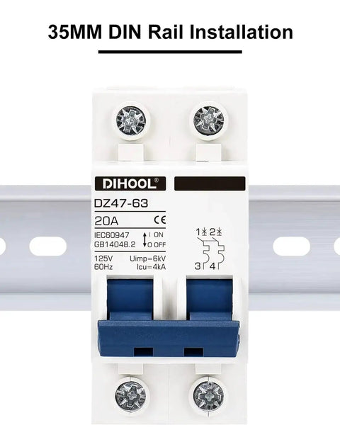 Front view of AC Miniature Circuit Breaker 2 Pole 20 Amp 110V Low Voltage Disconnect Switch For DIN Rail Mount, C Curve Trip.