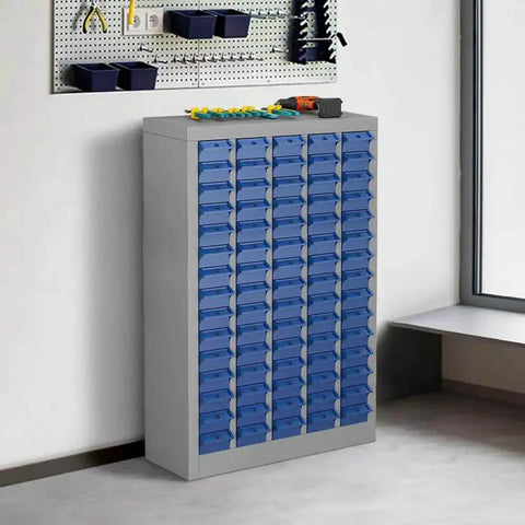 Heavy Duty 75 Drawer Parts Cabinet For Tools And Hardware Steel Storage With Adjustable ABS Drawers And Label Tabs Versatile Garage Organization For Bolts Nuts Screws And Small Parts in a workshop.