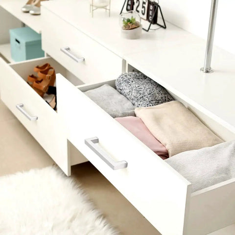 Square Kitchen Cabinet Handles Brushed Nickel Stainless Steel Euro Bar Pulls on white drawers, modern hardware for cabinets