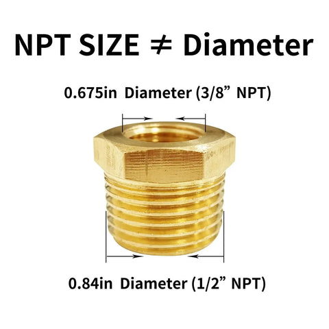 Close-up of Brass Hex Bushing Reducer Set One Half Inch NPT Male To Three Eighth Inch NPT Female 2 Pack With Sealing Tape