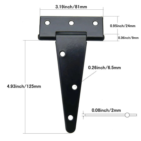 T Strap Barn Door Hinges Heavy Duty 5 Inch Black Iron Gate Straps For Barn Shed Fence Doors 4 Pcs Rustproof with dimensions