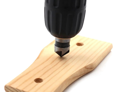 Five Piece Countersink Drill Bit Set For Wood Metal Plastic With 82 Degree Chamfer Pro Grade 5 Flute Deburring Bits in use on wood