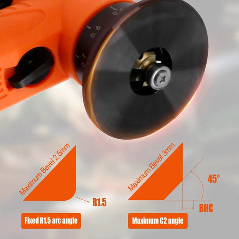 Close-up of 2 In 1 Mini Pneumatic Chamfering Tool For Right Angles And Round Corners showing details of maximum bevel angles.