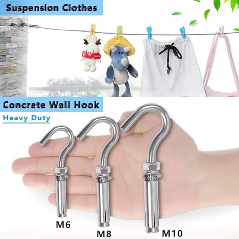 M6 Heavy Duty Concrete Wall Hook Set 304 Stainless Steel Concrete Anchor Bolts Expansion Wall Mount Hooks For Concrete Walls 5 Pack Rust Resistant Indoor Outdoor Supports Up To 264 Pounds 120 Kilograms displayed on hand with clothesline in background