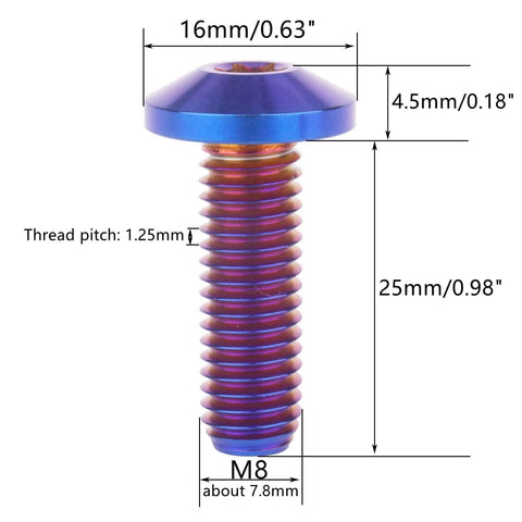 Side view of 4 Piece Titanium Bolts M8x15mm M8x20mm M8x25mm M8x30mm Set With Torx T30 Head Grade 5 Fully Threaded Burnt Blue Finish