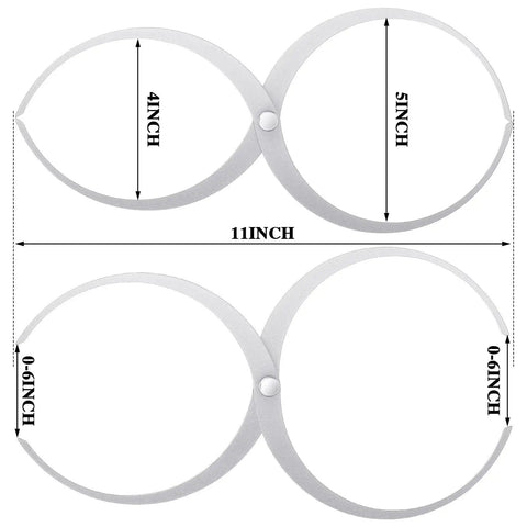 Double Ended Bowl Caliper For Wood Turning Pro Grade Stainless Steel Woodworking Tool To Measure Circumference Diameter And Thickness On A Lathe Five And A Quarter Inch To Six Inch Range Eleven Inch, shown front view with measurements.