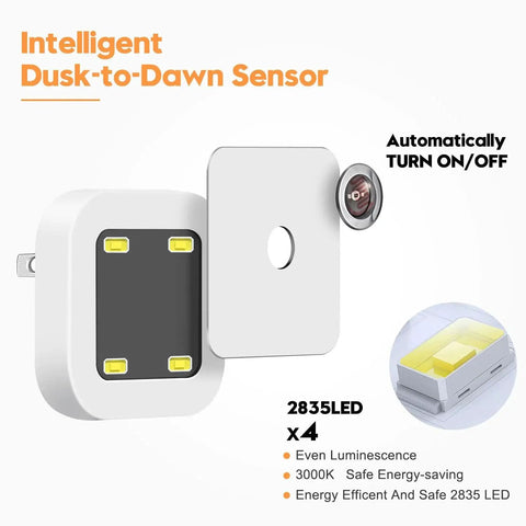 8 Pack Dusk To Dawn Wall Plug Night Lights 3000K Warm White LED showing internal LED components and dusk-to-dawn sensor