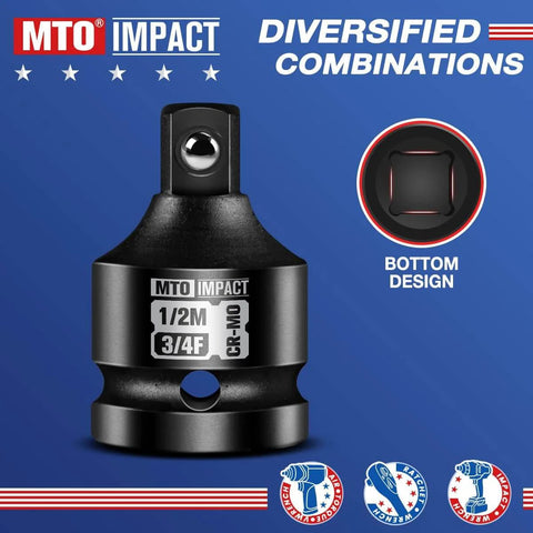 3/4 to 1/2 inch impact socket adapter reducer, chrome molybdenum alloy steel, quick tool swaps, 3/4 drive to 1/2 drive
