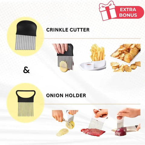 Image of a crinkle cutter with an onion holder used beside a Dual Surface Titanium And Wheat Straw Cutting Board With Juice Groove, Scratch Resistant, Pro Grade Heavy Duty Chopping Board For Meat And Produce, 99.9 Percent Titanium Meat Side And Eco Wheat Straw Produce Side, Includes Onion Holder And Crinkle Cutter.