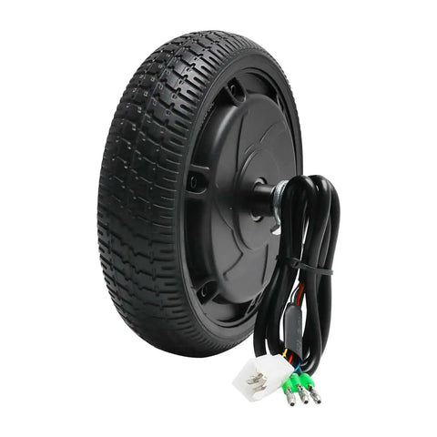 24V 250W Gearless Brushless Hub Motor With 6.5 Inch Solid Tire Wheel, side view of motor with attached wires