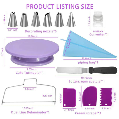 Purple Cake Decorating Kit With Rotating Turntable 14 Piece Essentials Including Piping Tips Reusable Bag Coupler Cake Leveler Offset Spatula And Icing Scrapers For Beginners layout with size details