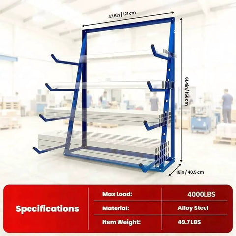 Beefy Industrial Cantilever Rack System For Heavy Duty Storage And Lumber Organization Freestanding Alloy Steel Pipe Rack With Upward Safety Hooks Garage Shed Workshop Storage 4000 LBS Capacity shown in workshop environment.