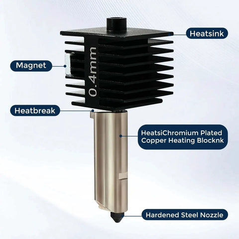 Close-up of 2 Pack A1 Mini A1 Hotend Kit With 0.4mm Hardened Steel Nozzle for Bambu Lab A1, highlighting heatsink and copper heating block.