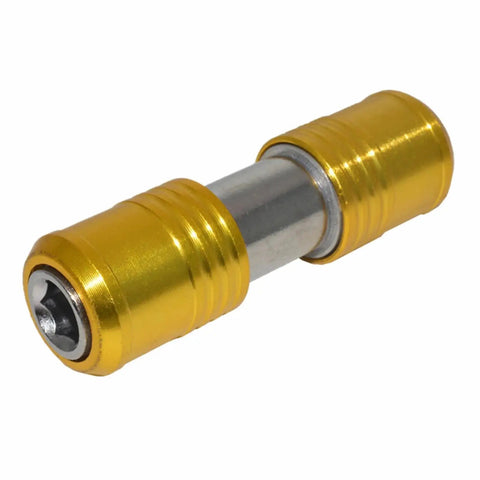 Angled side view of gold-finish socket sleeve adapter with double-ended hex sockets and steel shaft