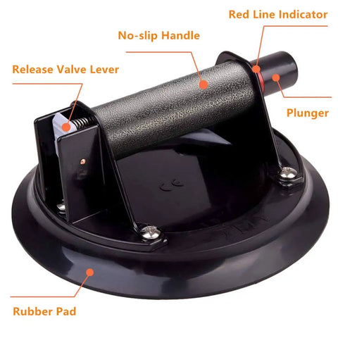 Close-up of 8 Inch Glass Vacuum Lifter With Handle for Granite, Glass, Stone, showing no-slip handle, red line indicator, rubber pad.
