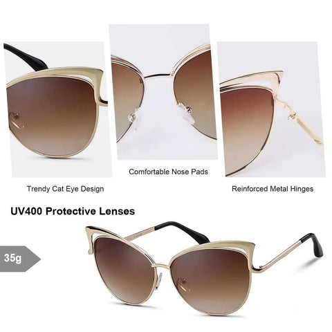 Oversized Cat Eye Sunglasses For Women And Men Trendy Retro Large Shades With Metal Frame UV400 Protection Gold Light Brown Mirrored Lens