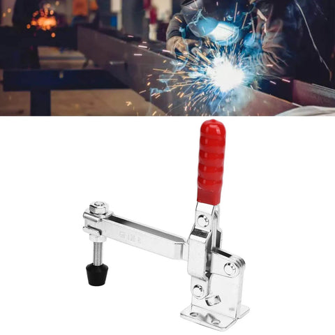 Two-Piece Long Arm Push Pull Toggle Clamp Set For Welding And Woodworking Jigs And Fixtures With Quick Release Lever Vertical Workpiece Fixation Beefy Heavy-Duty Build Easy Clamp And Release For Precise, Repeatable Fixturing shown with red handle and metal base
