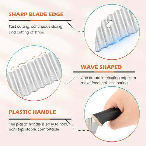 Diagram of Crinkle Cutter Knife With Rubber Handle Stainless Steel Wavy Blade Fries Cutter Slicer showcasing blade and handle features.