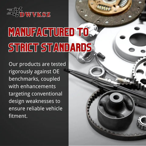 Mechanical parts displayed with text overlay "Manufactured to Strict Standards" and brand logo DWVKSZ visible in the corner.