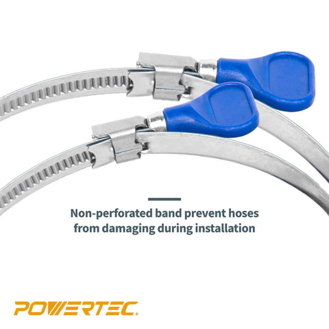 POWERTEC 1-1/2 in adjustable stainless steel hose clamps with blue thumb screws; non-perforated band for hoses; 5 pack