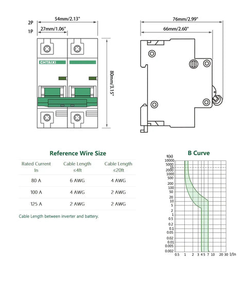 Beefy Heavy Duty 2 Pole 125A DC Circuit Breaker 12V to 110V DC Thermal Magnetic Trip DIN Rail Mount diagram with dimensions and wire sizes.