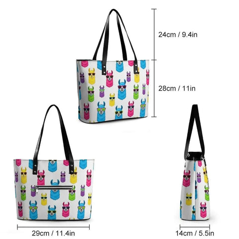 Everyday Leather Tote For Men And Women, Large Capacity Shoulder Bag With Zipper, Lychee Grain Leather, Rainbow Llama Accents