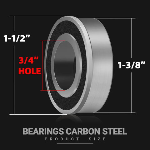 Diagram of 4 Pack Three Quarter Inch Carbon Steel Bearings Replacement For Lawn Mowers Wheelbarrows Carts And Hand Trucks With Universal Size ID Three Quarter Inch And OD One And Three Eighth Inch Durable Long Lasting Bearings showing dimensions 3/4" ID and 1-3/8" OD.