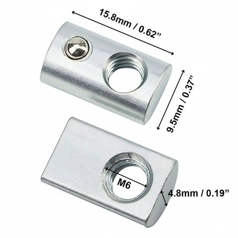M6 X 1.0 T Slot Nut With Spring Ball Loaded, Carbon Steel, side and top view dimensions shown, for 8mm extrusion rails.