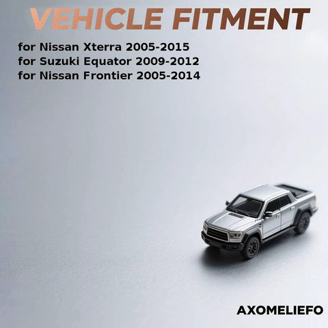 Image of a toy pickup truck next to text showing compatibility for Nissan Xterra 2005-2015, Suzuki Equator 2009-2012, and Nissan Frontier 2005-2014.