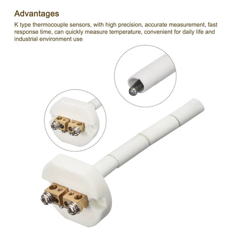 K-type ceramic kiln thermocouple probe, 4in (2x100mm), ceramic tube, dual terminals for high-temp ovens (-50 to 1100°C)