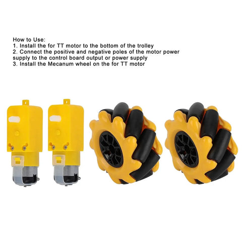 48mm Mecanum Wheel For TT Geared Motor Kit, yellow and black, plug and play design, shown with installation steps.