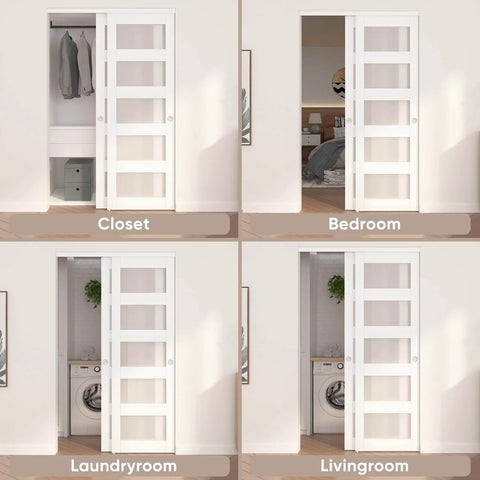 Sliding Closet Door 60 Inch Wide Double 31 Inch Panels By 80 Inch High Frosted Glass Bypass No Fuss Hardware Kit installed in various rooms.
