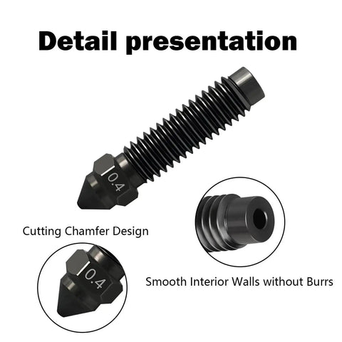 Detail view of Six Piece Hardened Stainless Steel Nozzle Kit For Elegoo Centauri CC CC2 3D Printer 0.4mm nozzle with chamfer design