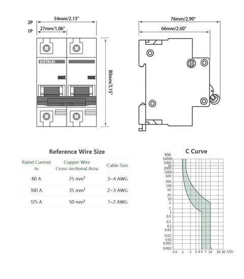 80 Amp 2 Pole AC Miniature Circuit Breaker With Thermal Magnetic Trip For 120V 240V DIN Rail Mount Solar Disconnect MCB 2P C80 Overload And Short Circuit Protection DIY Friendly Panel Mount Heavy Duty Electrical Breaker technical diagram with dimensions and wire size chart.