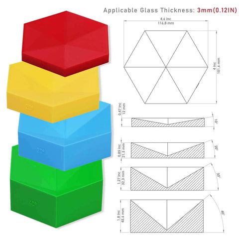 Four Layer Stained Glass Succulent Soldering Jig Kit With 3D Flower Bloom, Five To Six Petal Design, Adjustable Angles in red, yellow, blue, green for DIY Glass Art And Craft Projects. View of stacked jigs and measurements.