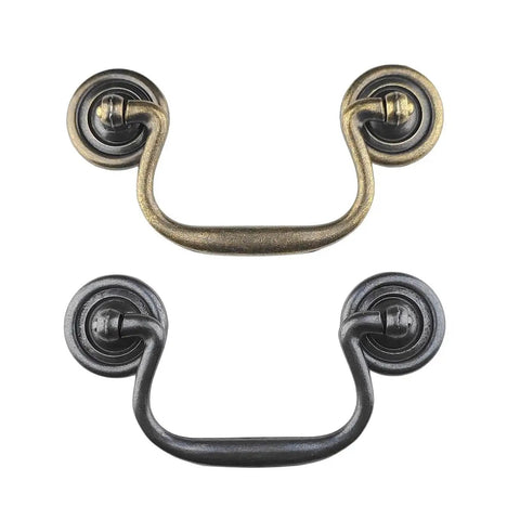 Four Pack Antique Black Three And A Half Inch Hole Center Drawer Pull Handles Gooseneck Ring Pullers in black and brass finishes