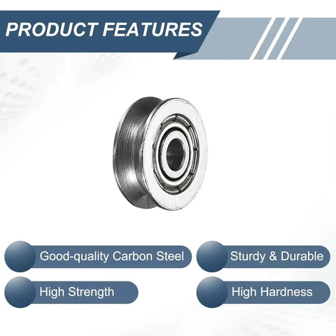 Single V groove pulley showing product features including strength, durability, and precision, from the Six Pack Small V Groove Pulleys 3x12x4mm Aluminum Alloy Miniature Pulleys For Rail Track Linear Motion System Replacement Great For CNC Robotics DIY And Precision Sliding.