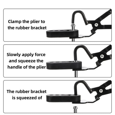 Diagram showing use of Exhaust Hanger Removal Pliers With 4 Hole Rubber Kit for rubber bracket removal from car exhaust