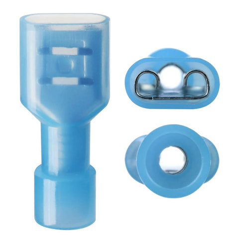 Blue nylon insulated female spade connector for 16-14 AWG wire, quick-disconnect terminal
