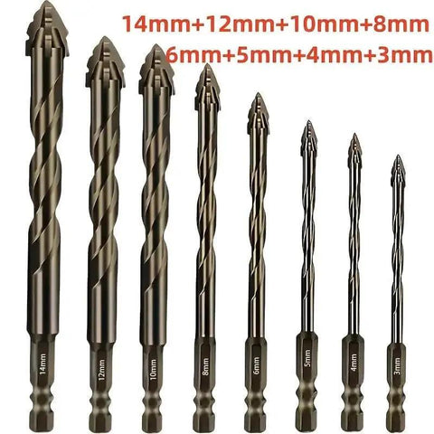 8-Piece Hardened Alloy Drill Bit Set With Four-Flute Core Design And Sharp Landing Tip, sizes 3mm to 14mm, golden finish