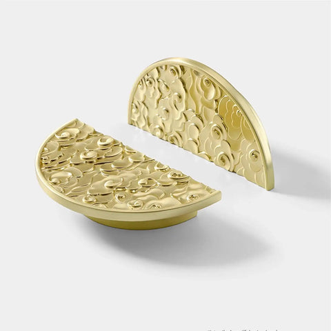 Two Pack Half Moon Cabinet Pulls Chinese Style Handle Antique Zinc Alloy Gold Finish showing embossed pattern on white background.